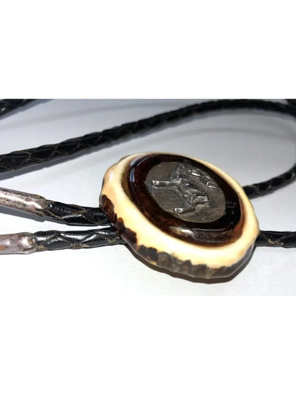 VTG Real Silver Elk on Faux Antler Bolo Tie Black Leather Cord